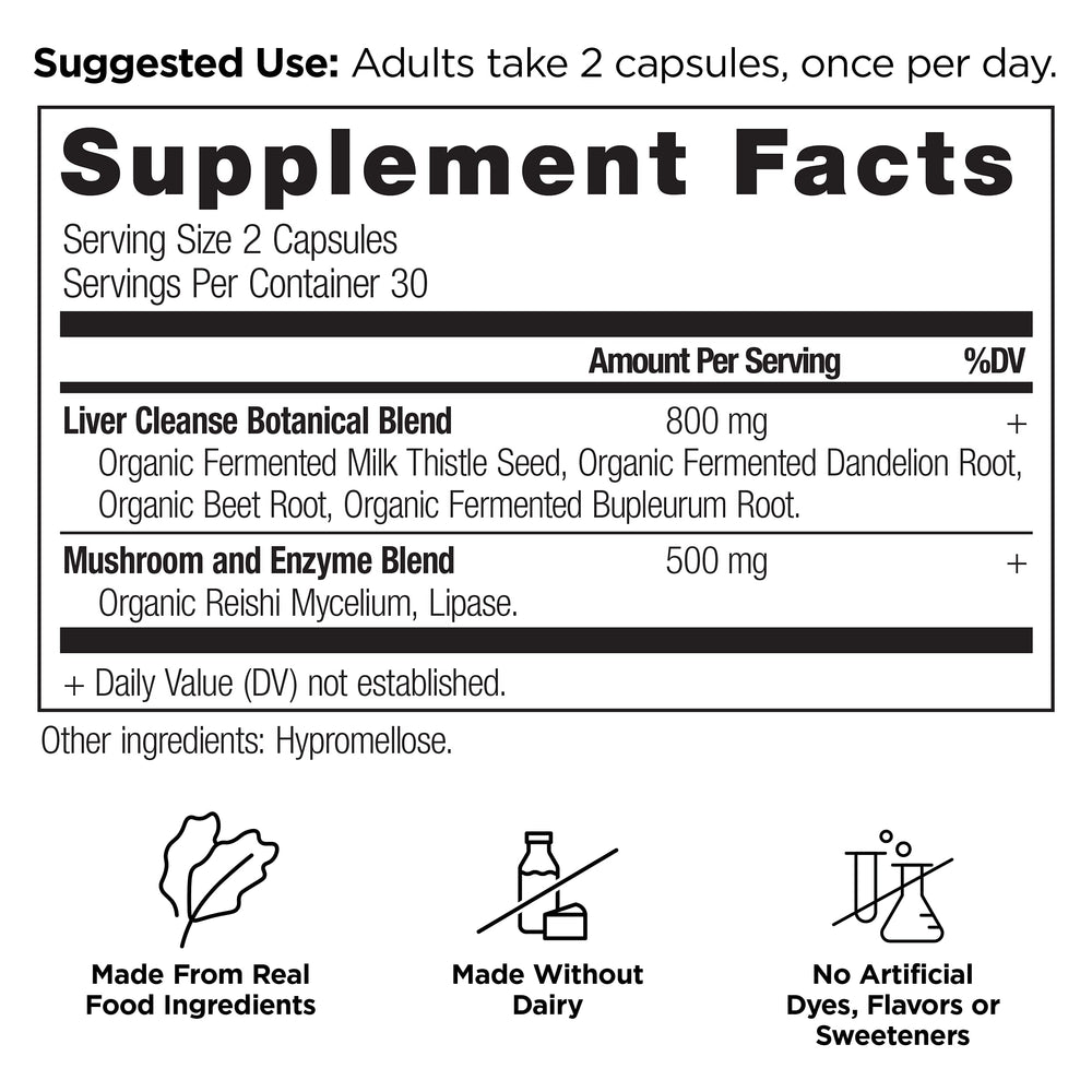 Ancient Nutrition Liver Cleanse bottle side label highlights key ingredients for liver wellness.