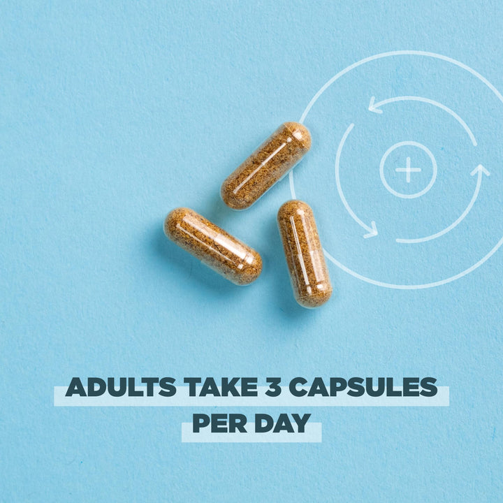 Capsules in hand illustrate easy, take-with-water daily supplementation
