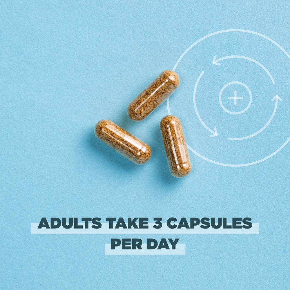 Capsules in hand illustrate easy, take-with-water daily supplementation