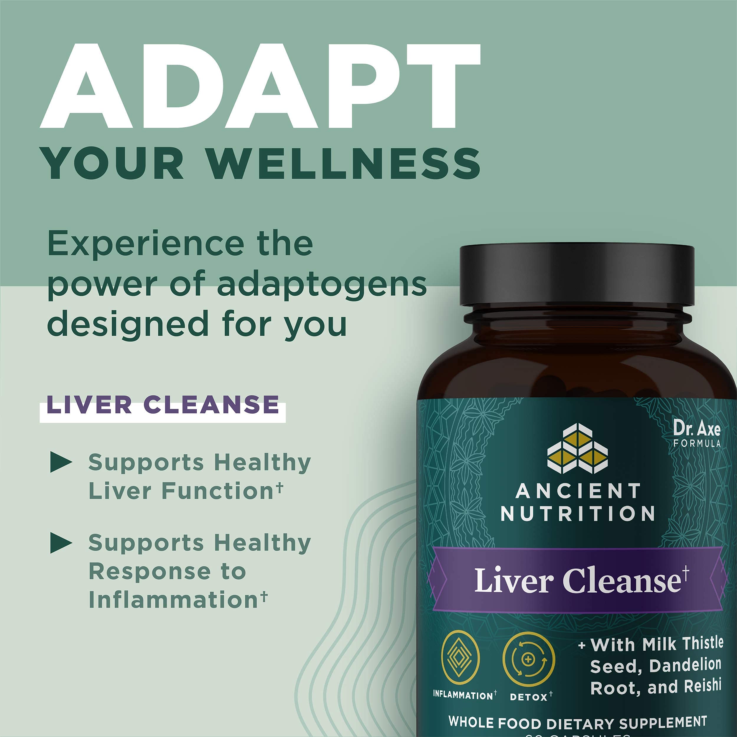 Ancient Nutrition Liver Cleanse ingredients panel featuring milk thistle, dandelion, and reishi.