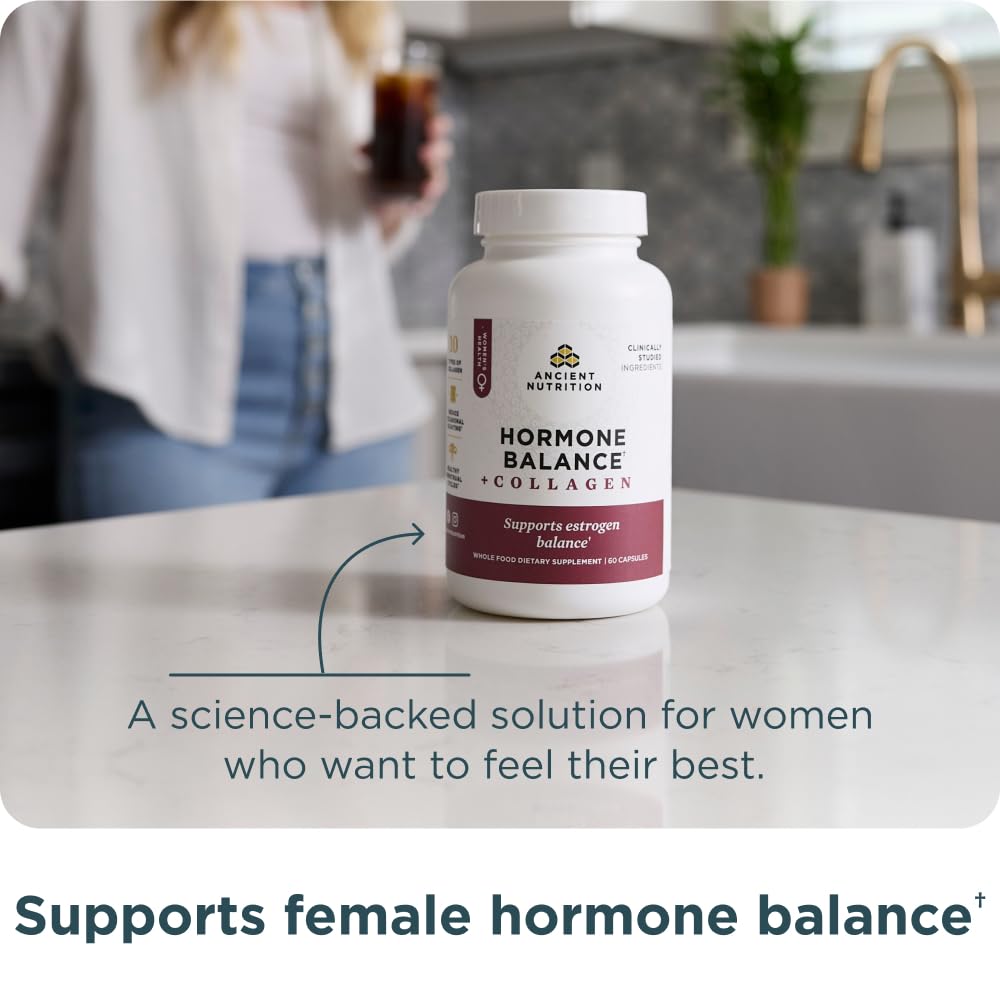 Ancient Nutrition maca root powder container suggesting natural energy and balance benefits.