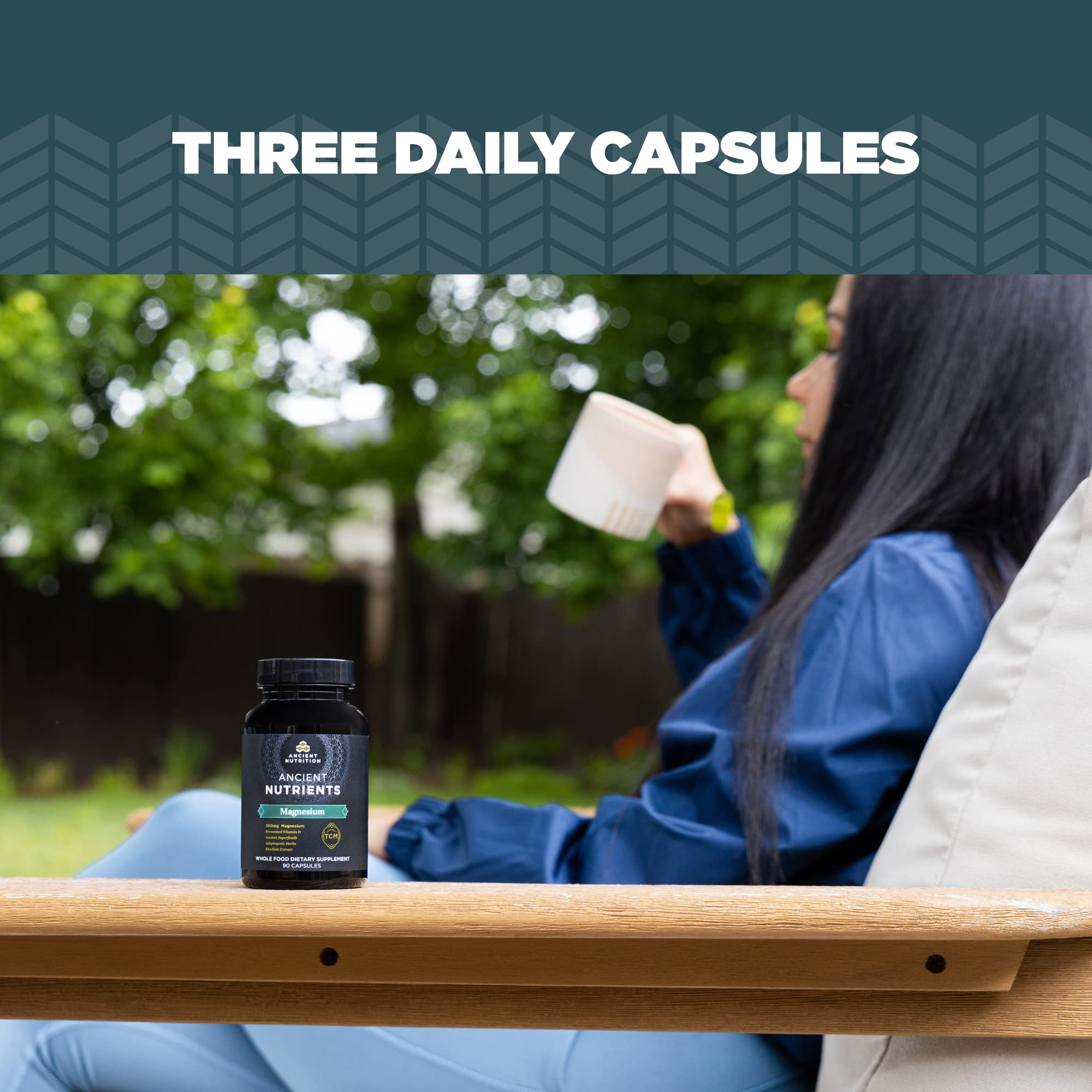 Ancient Nutrition magnesium bottle on wood surface suggesting daily ritual
