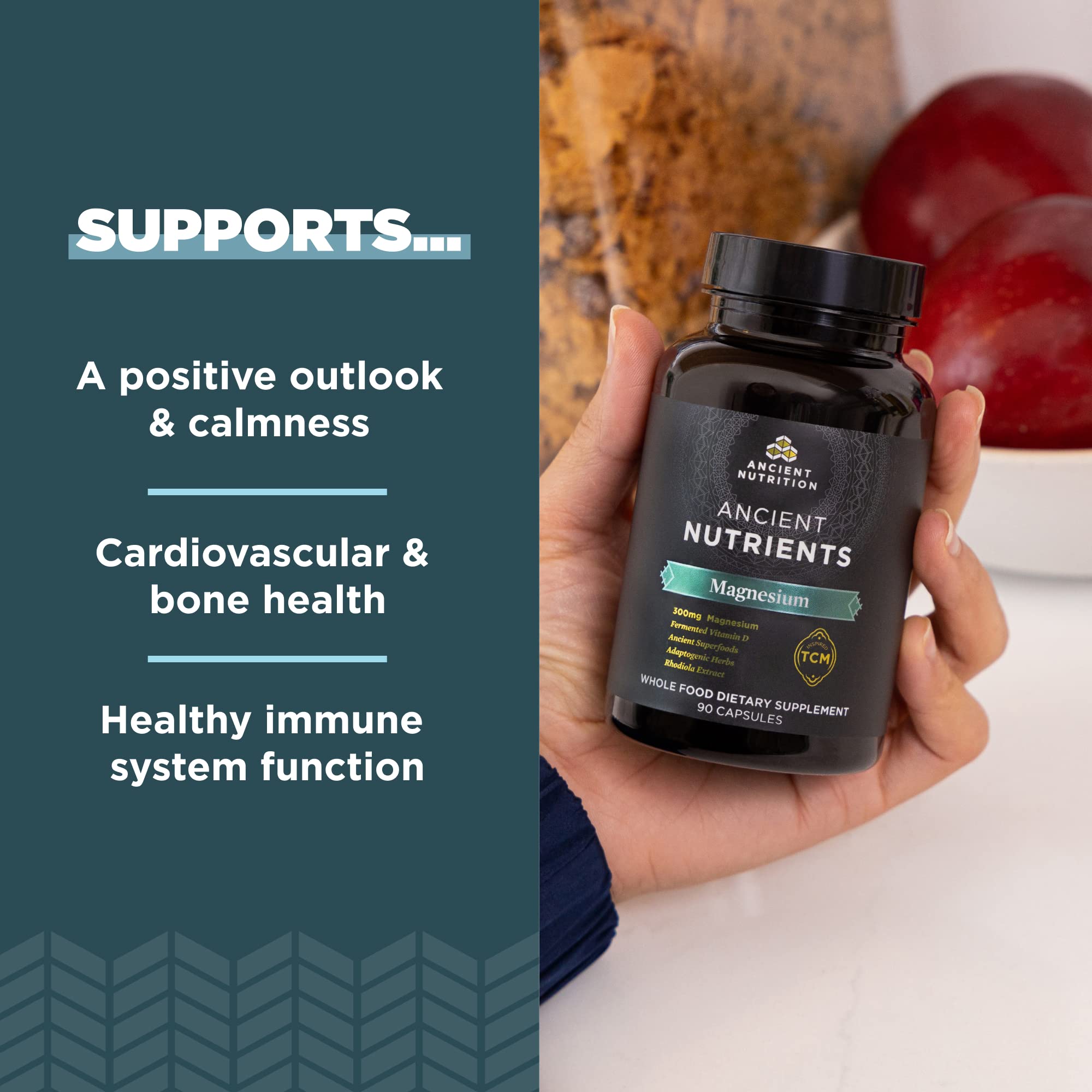 Ancient Nutrition magnesium bottle and label highlighting immune-friendly formula