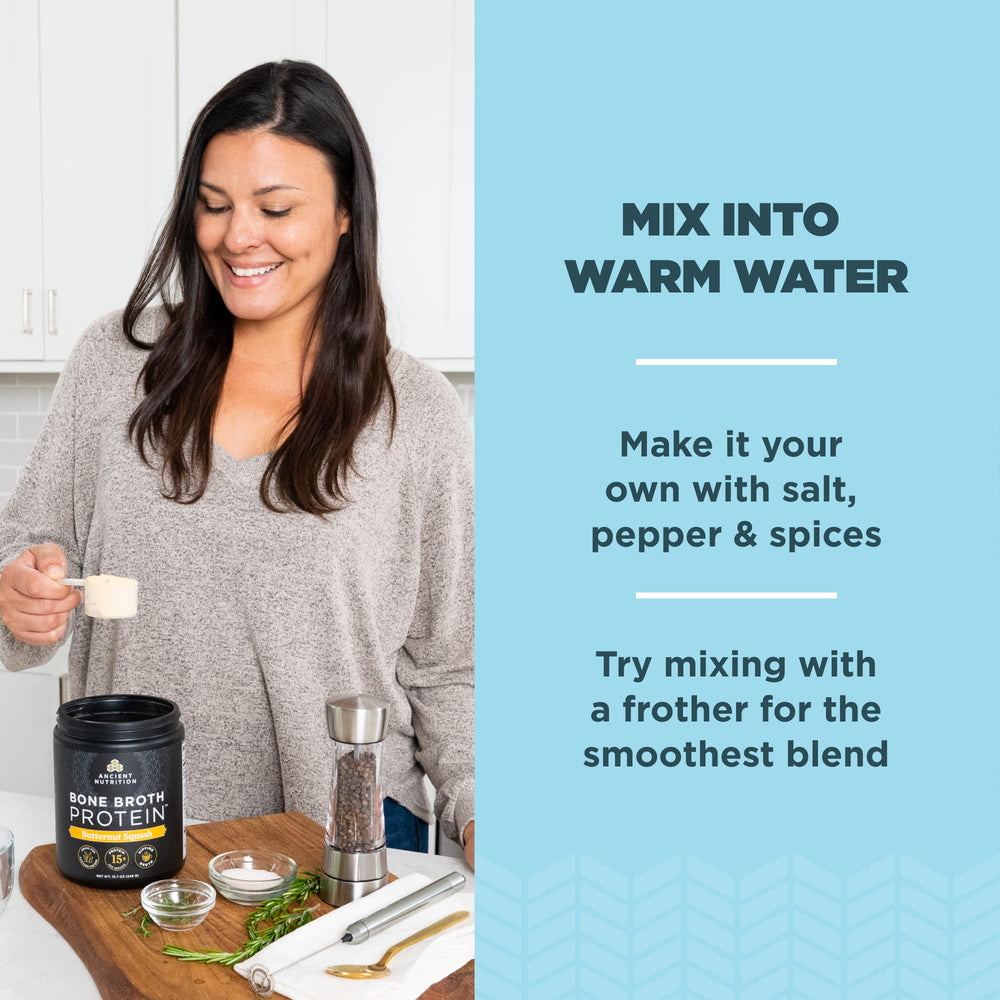Ancient Nutrition measuring spoon beside bone broth powder tub