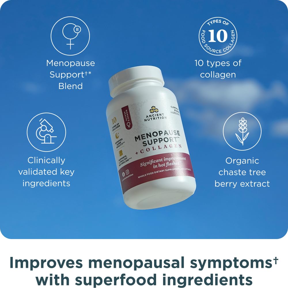 Ancient Nutrition menopause capsules closeup showing convenient daily dosing.