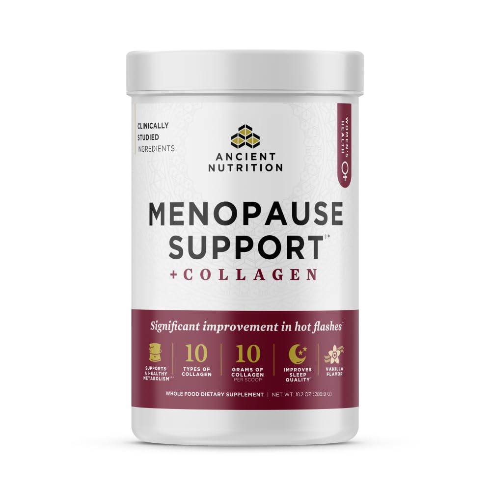 Ancient Nutrition Menopause Support vanilla powder canister for daily use and symptom care.