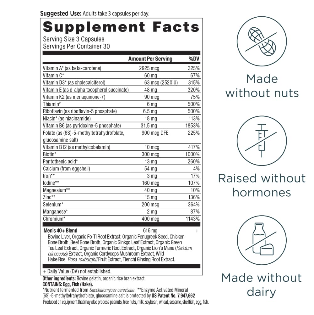 Ancient Nutrition Men's 40 Plus 3 Day bottle back panel emphasizing quality and USA-made production