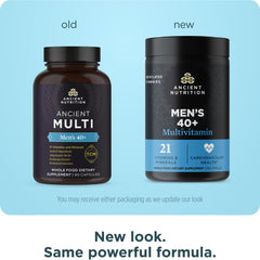 Ancient Nutrition Men's 40 Plus 3 Day bottle front label showing 21 vitamins and minerals