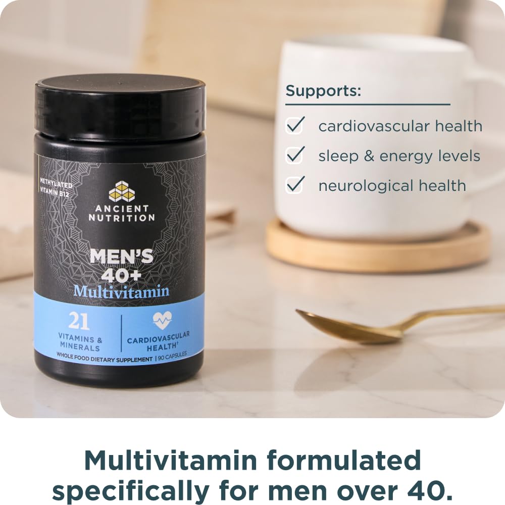 Pouring Ancient Nutrition Men’s 40 Plus 3 Day bottle suggesting convenient daily intake