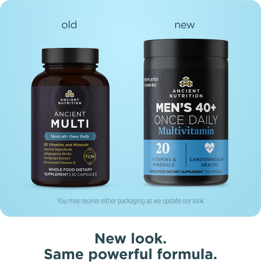 Ancient Nutrition Men's 40+ caplet close-up showing one-a-day convenience.