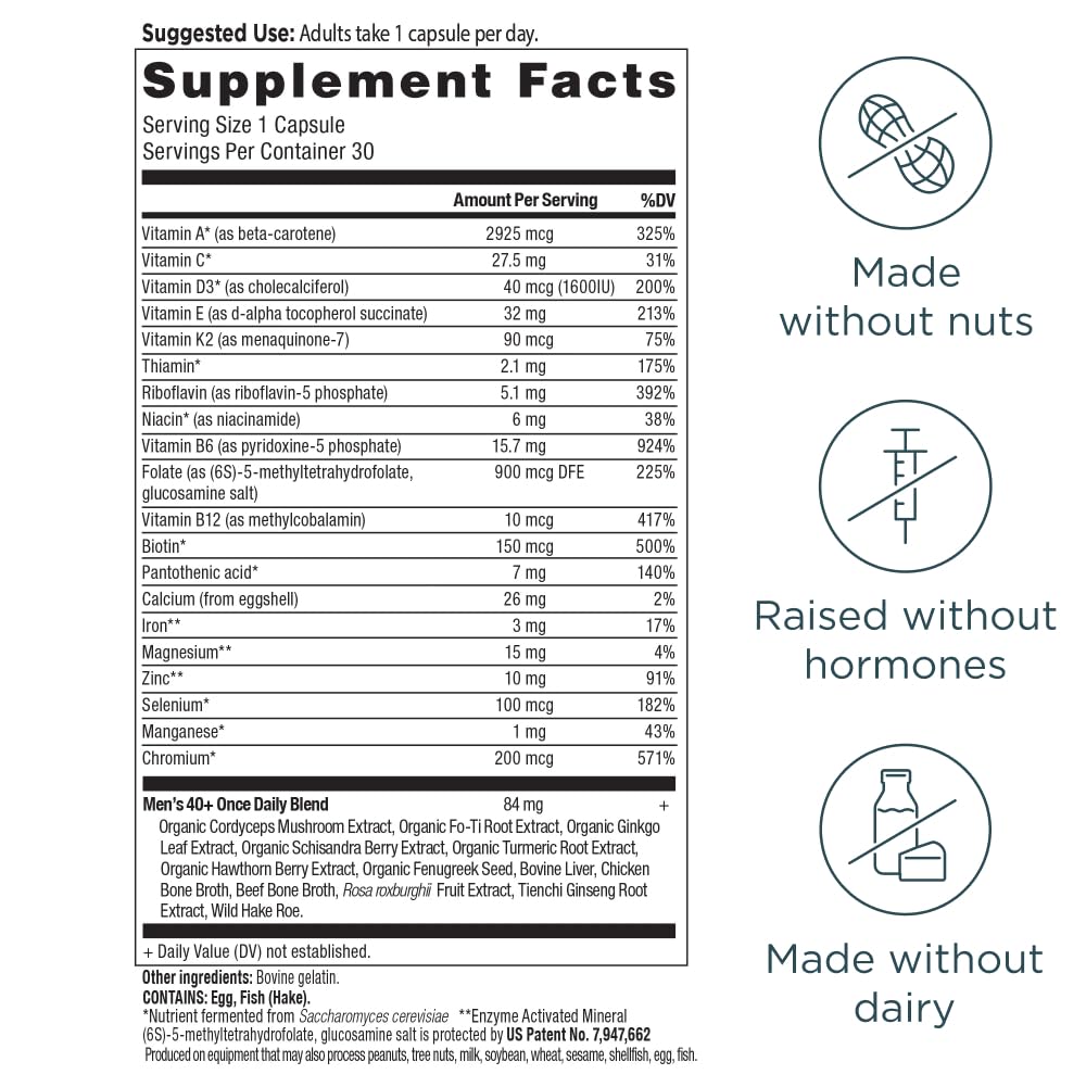 Ancient Nutrition Men's 40+ ingredients panel highlights 20 essential nutrients.