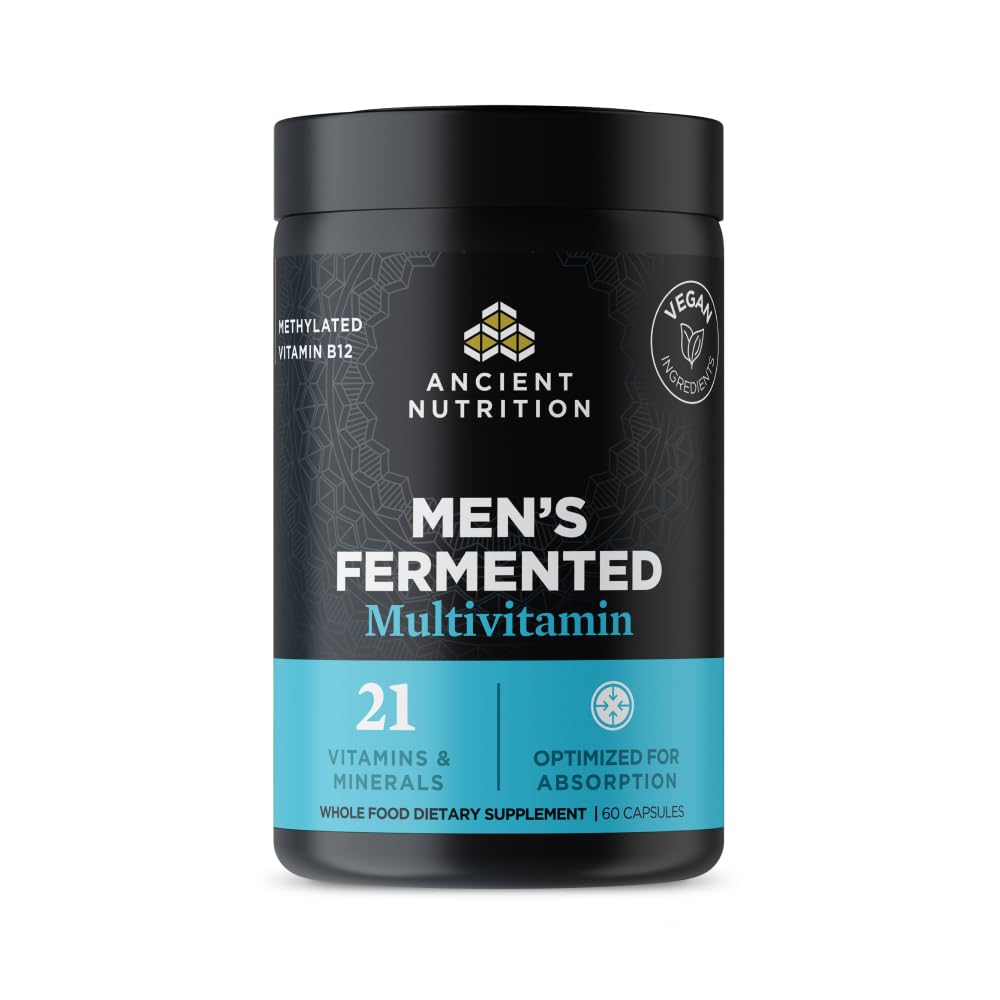 Ancient Nutrition Men's Multivitamin bottle front view showing daily immune and energy support.