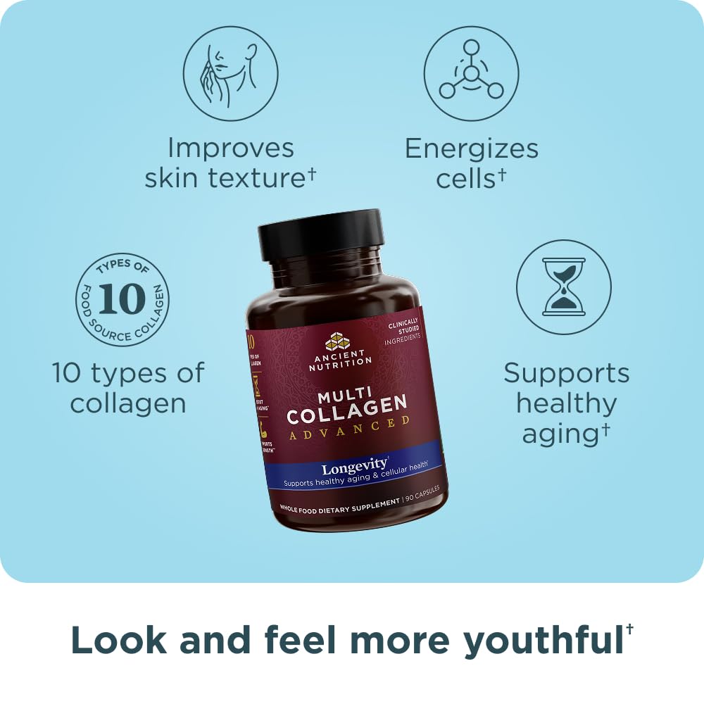 Ancient Nutrition Multi Collagen Advanced Longevity label highlighting probiotic blend