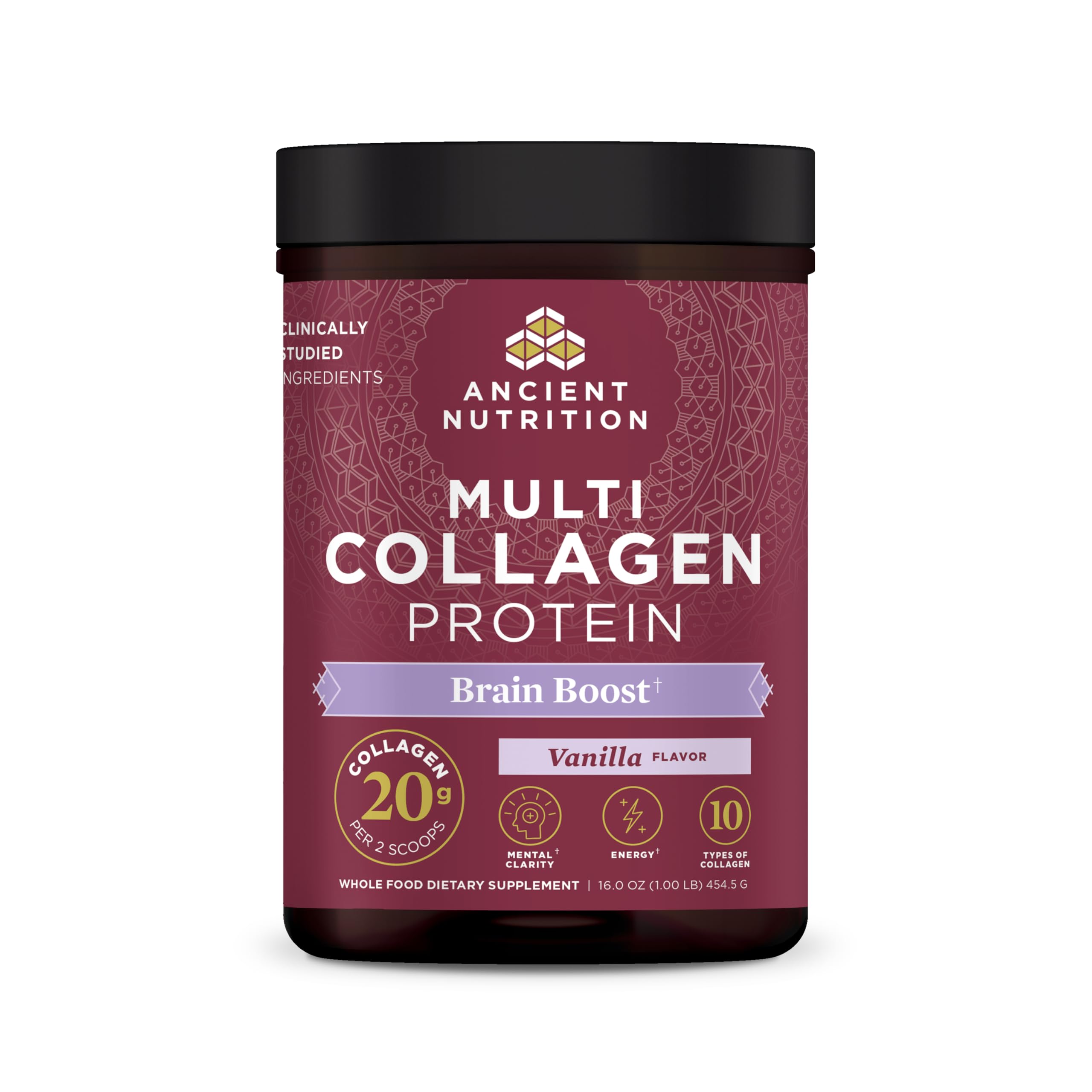 Ancient Nutrition Multi Collagen Brain Boost tub ready for daily skin and joint support.