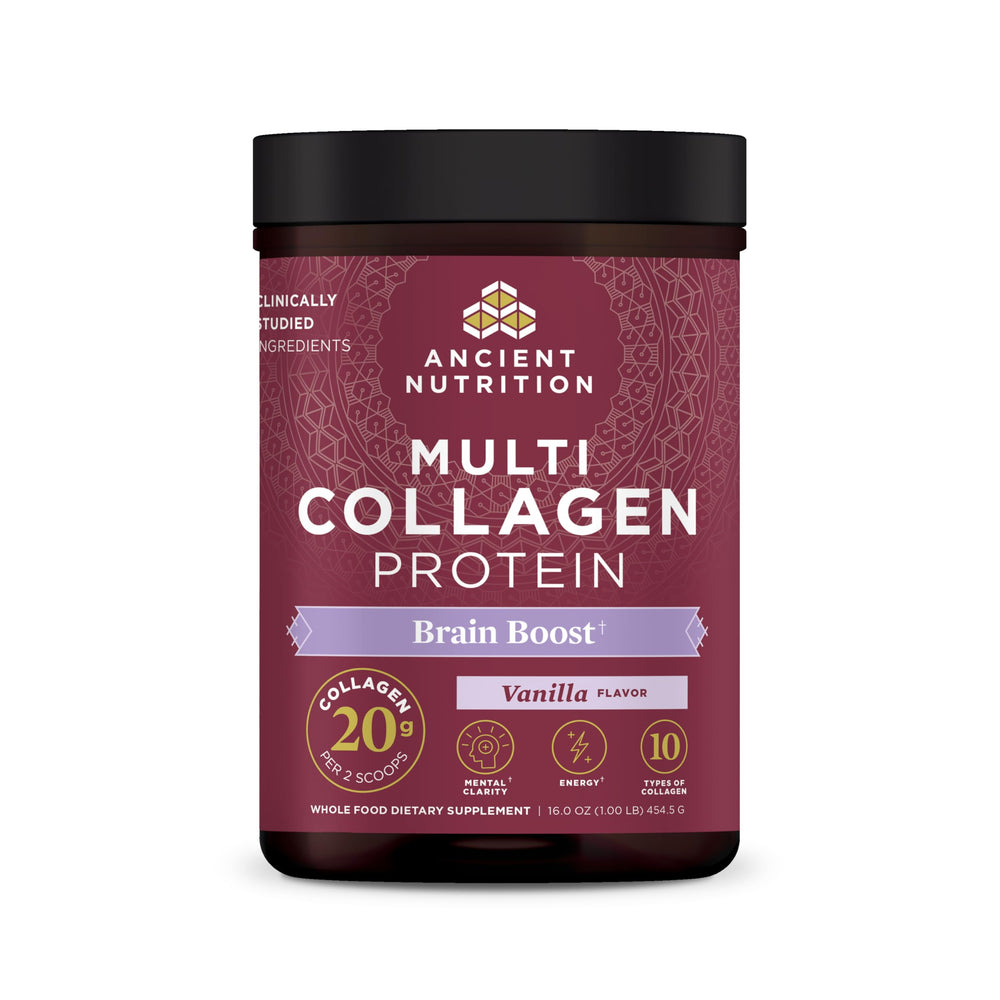 Ancient Nutrition Multi Collagen Brain Boost tub ready for daily skin and joint support.