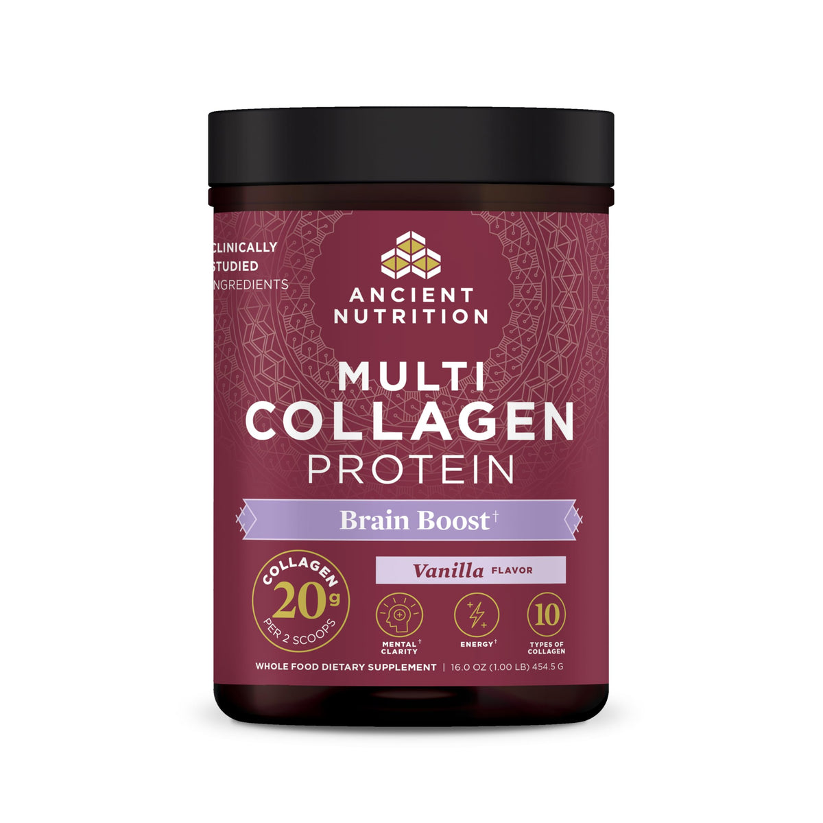 Ancient Nutrition Multi Collagen Brain Boost tub ready for daily skin and joint support.
