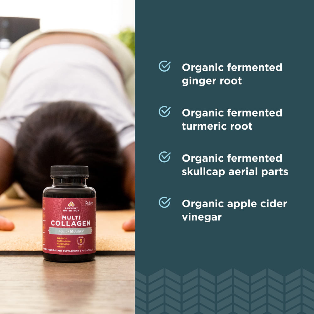 Ancient Nutrition Multi Collagen capsules beside water glass