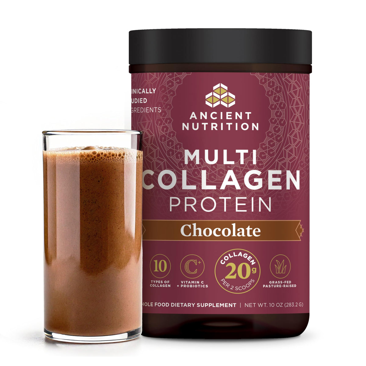 Ancient Nutrition Multi Collagen Chocolate tub front view showing flavor and protein boost