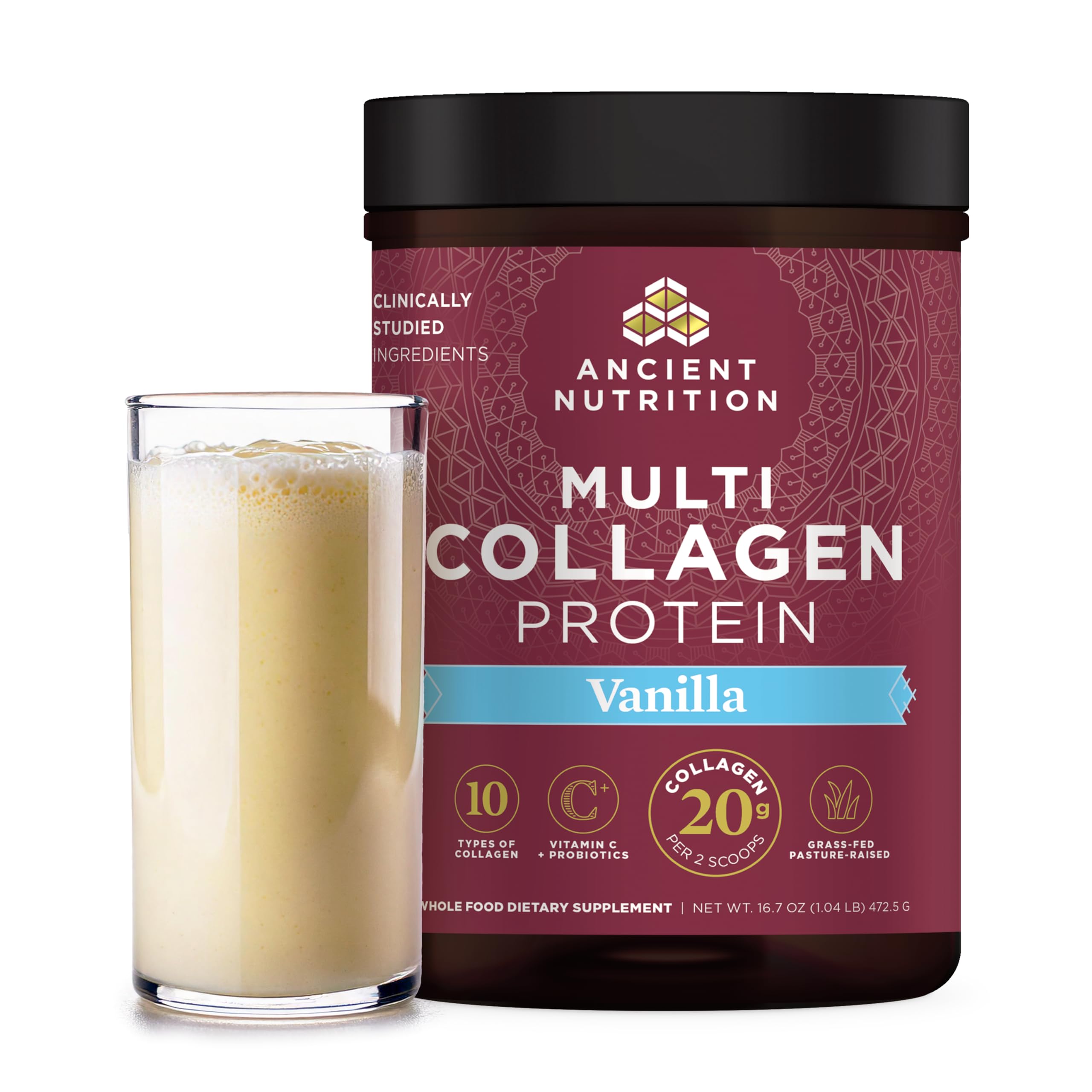 Ancient Nutrition Multi Collagen Protein Vanilla tub shown with label and scoop, highlighting overall benefits.