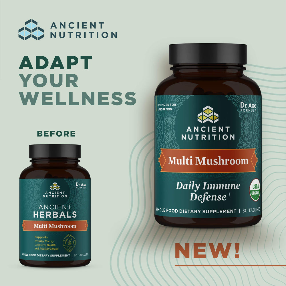 Ancient Nutrition Multi Mushroom bottle back with dosage guidance.