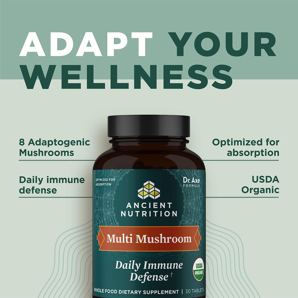 Ancient Nutrition Multi Mushroom dosage instructions showing two capsules per day.