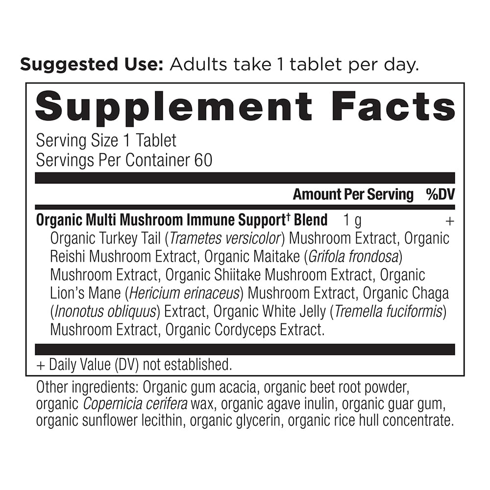 Ancient Nutrition Multi Mushroom ingredients panel highlighting six organic mushrooms.