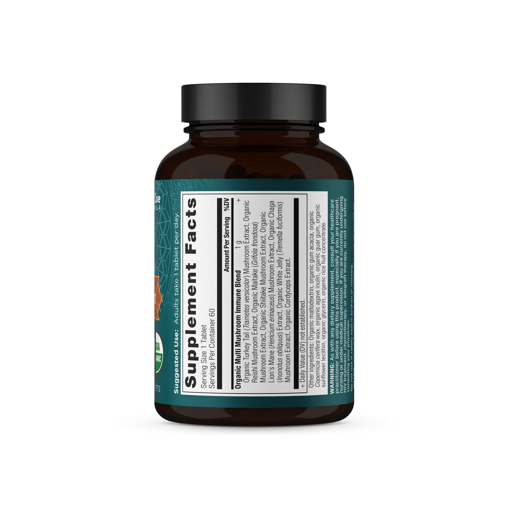 Ancient Nutrition Multi Mushroom bottle in a natural setting suggesting gut health support.