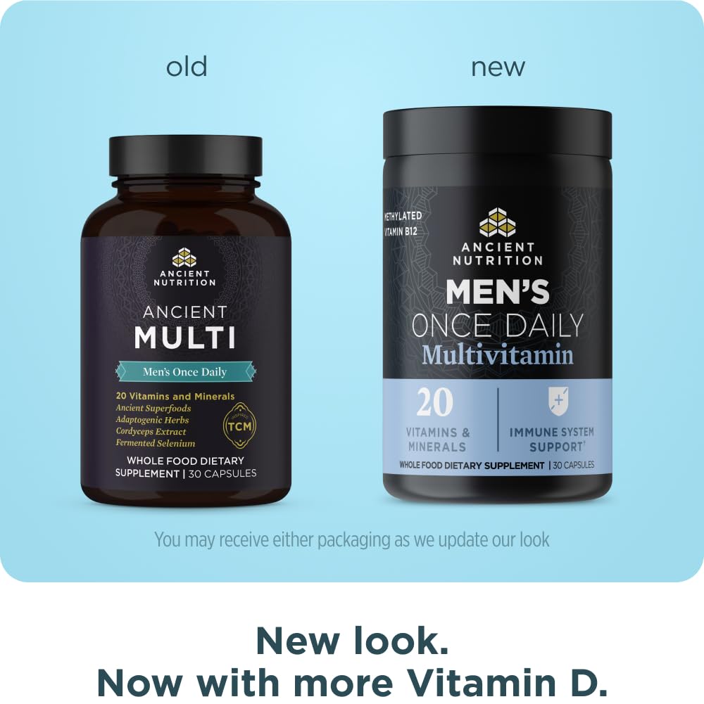 Ancient Nutrition Multivitamin for Men bottle back highlights zinc and selenium.
