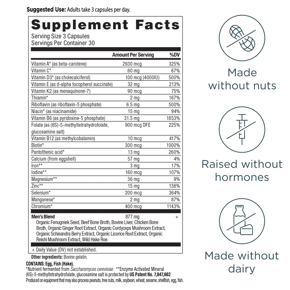 Ancient Nutrition Multivitamin for Men ingredients blend highlighting 21 vitamins and minerals.