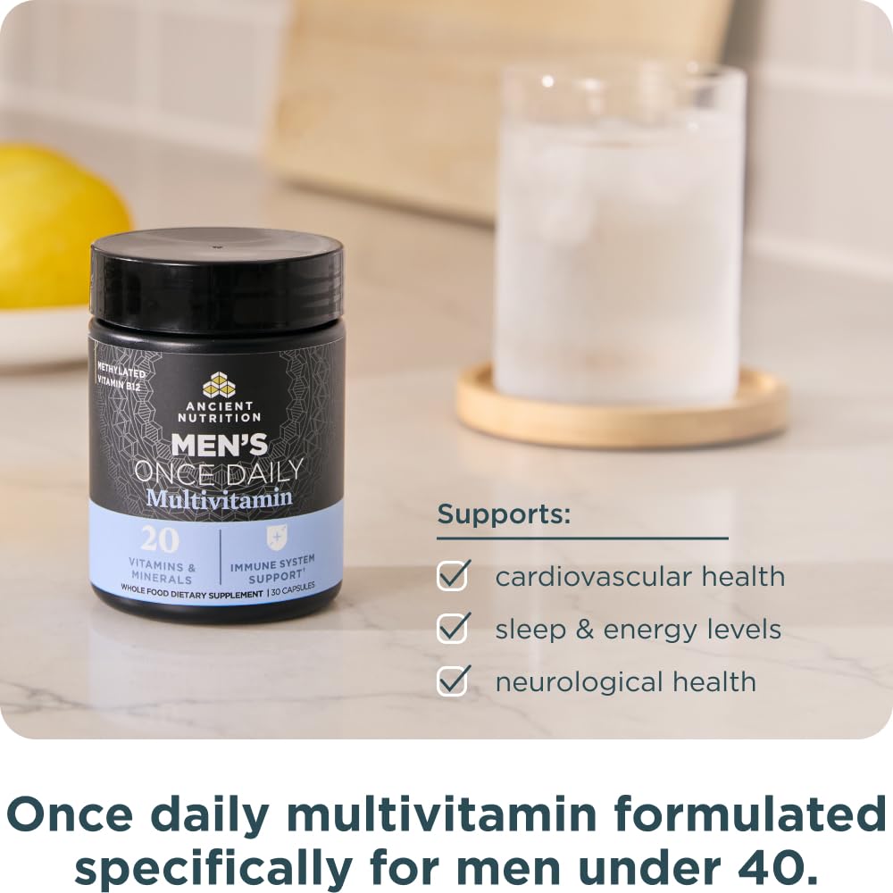 Ancient Nutrition Multivitamin label close-up highlights vitamins A B and K2.