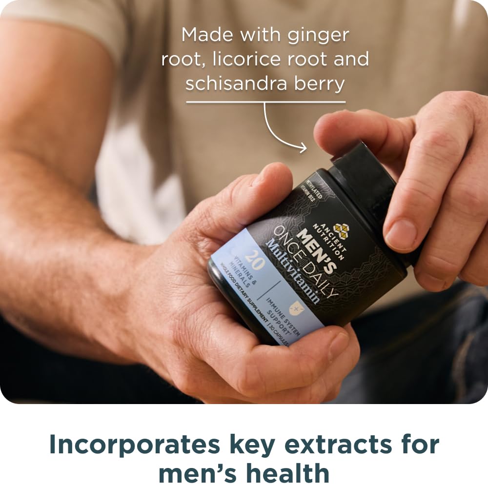 Ancient Nutrition Multivitamin for Men pouring capsules for daily use.