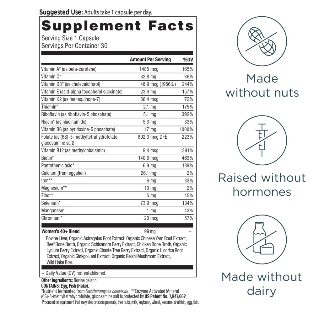 Ancient Nutrition multivitamin for women 40+ bottle back label details ingredients and quality