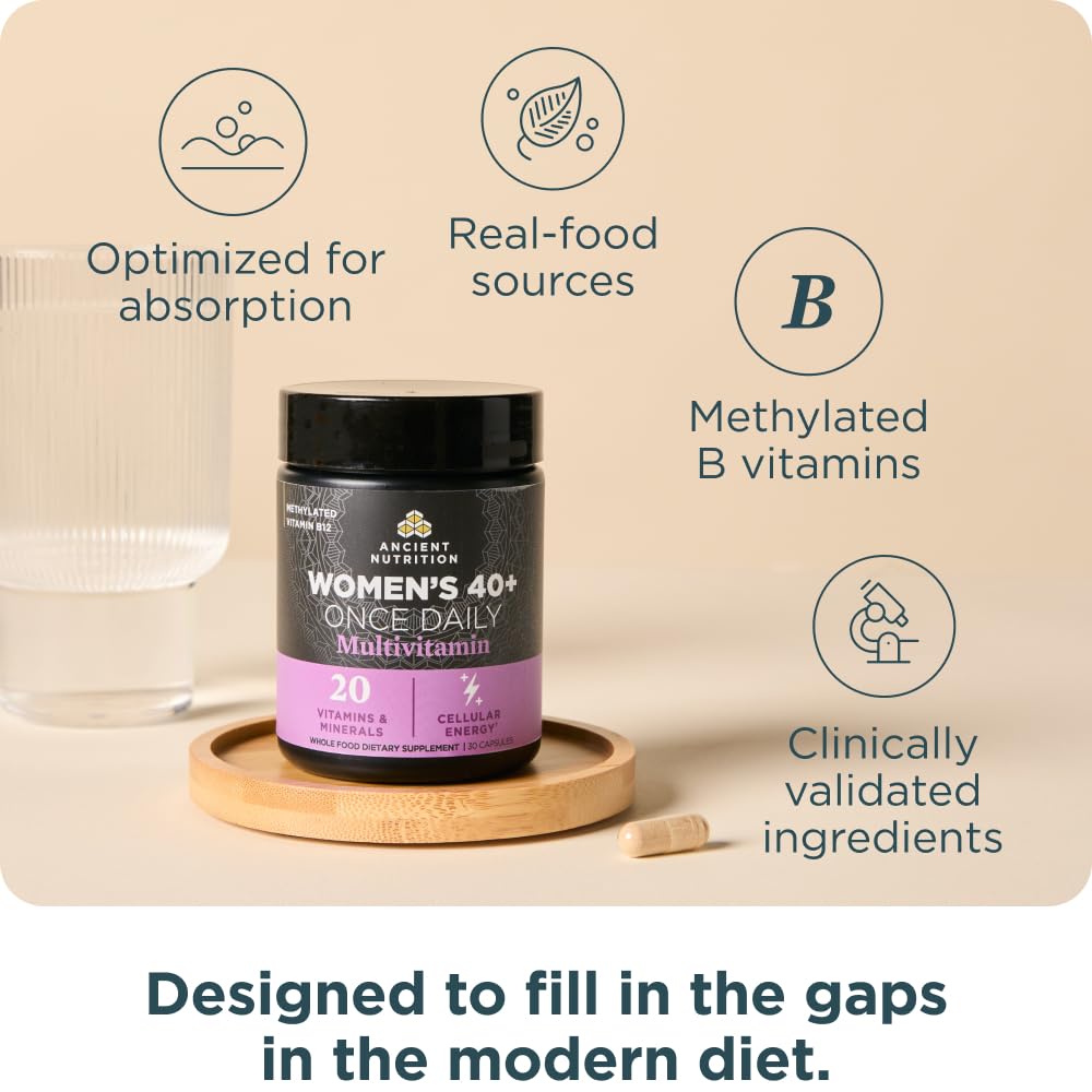Ancient Nutrition multivitamin for women 40+ capsules poured into hand as daily ritual