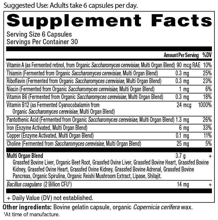 Ancient Nutrition Organ Complex bottle side highlighting easy-to-swallow capsules.