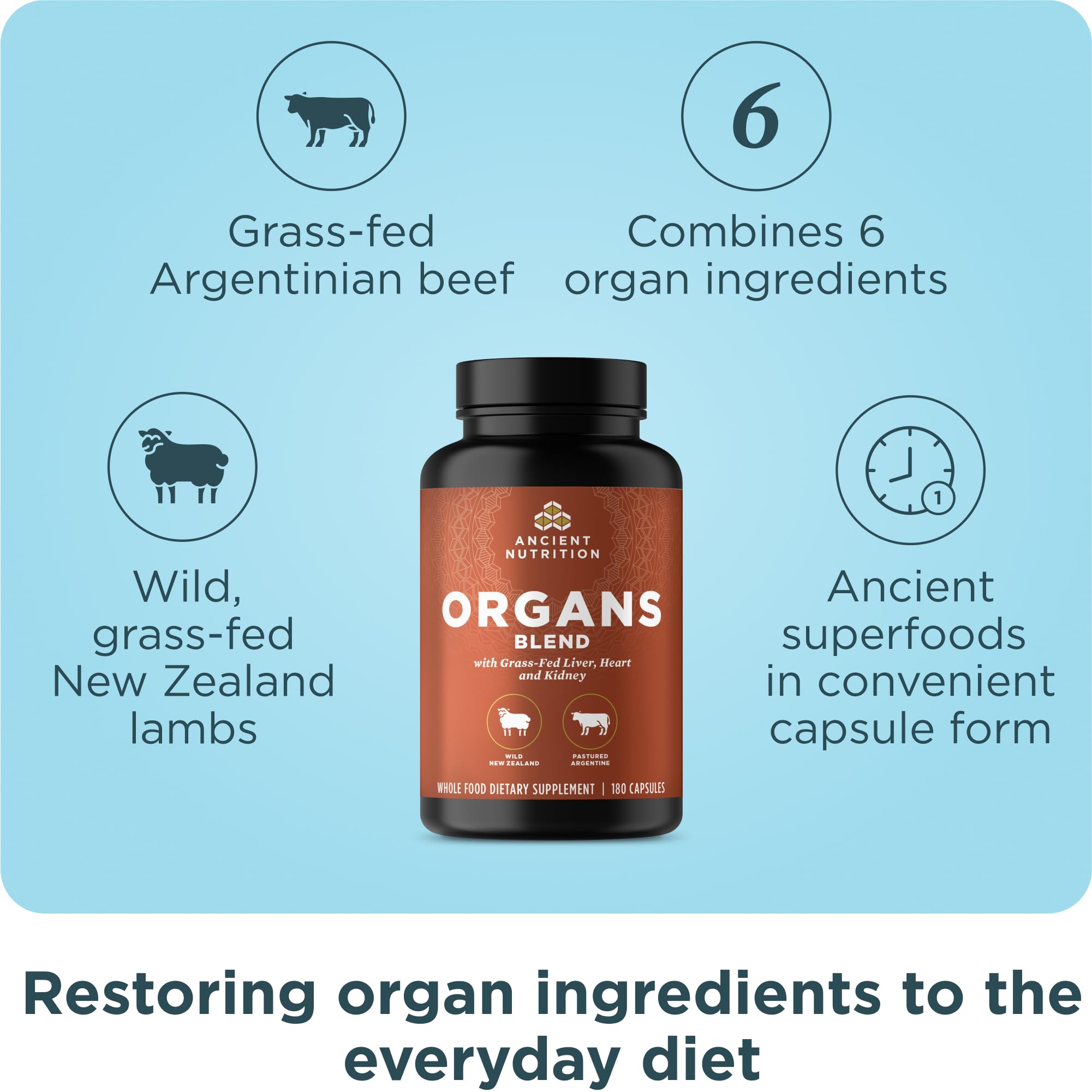 Ancient Nutrition packaging closeup reveals grass-fed and wild organ sources.