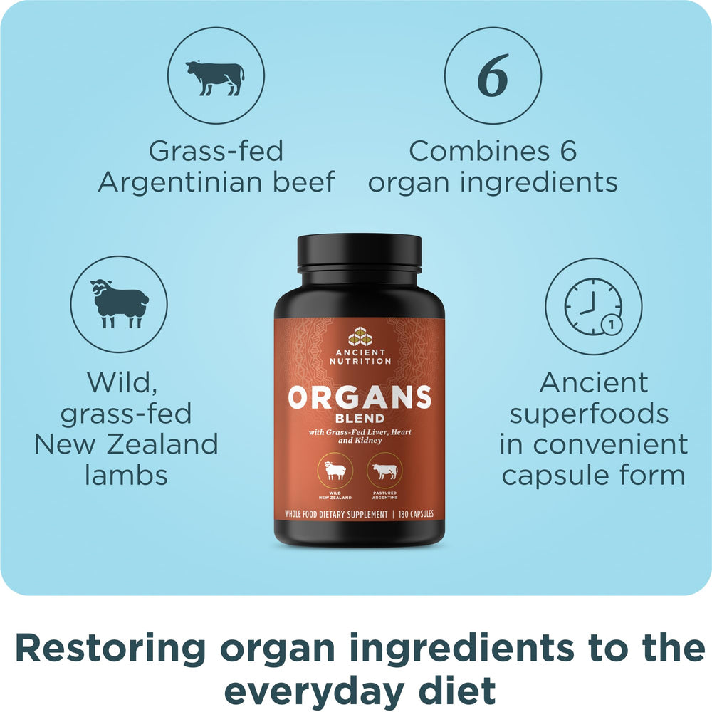 Ancient Nutrition packaging closeup reveals grass-fed and wild organ sources.
