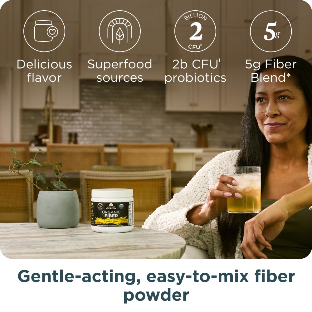 Ancient Nutrition Pineapple Mango pour into glass showing easy mixing