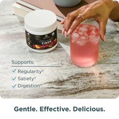 Ingredients list highlights acacia and konjac for gentle digestion