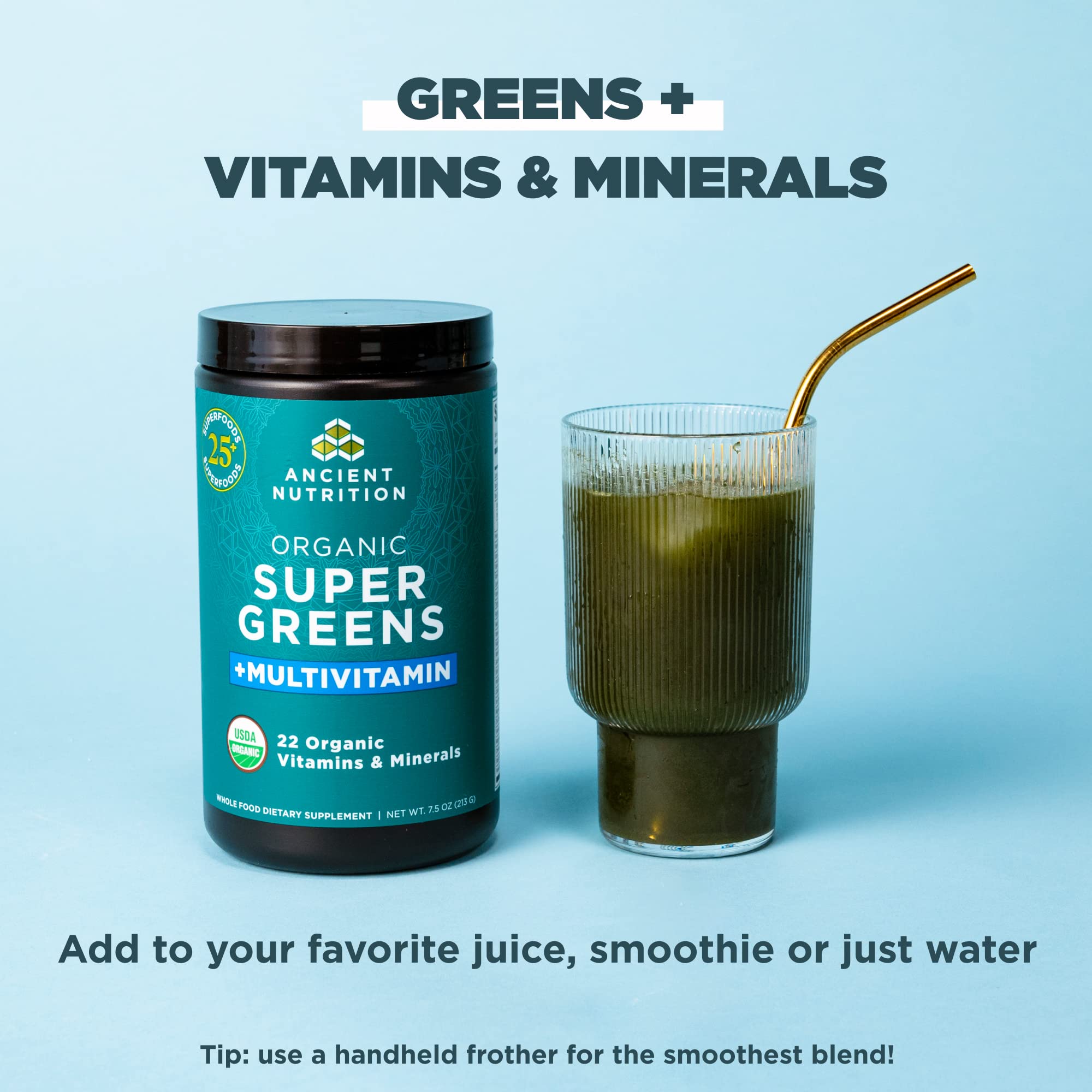 Ancient Nutrition organic greens ingredients array highlighting variety and quality