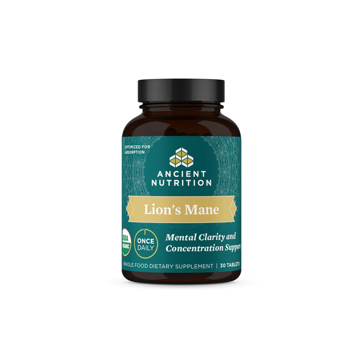 Ancient Nutrition Organic Lion's Mane bottle front view for focus support.