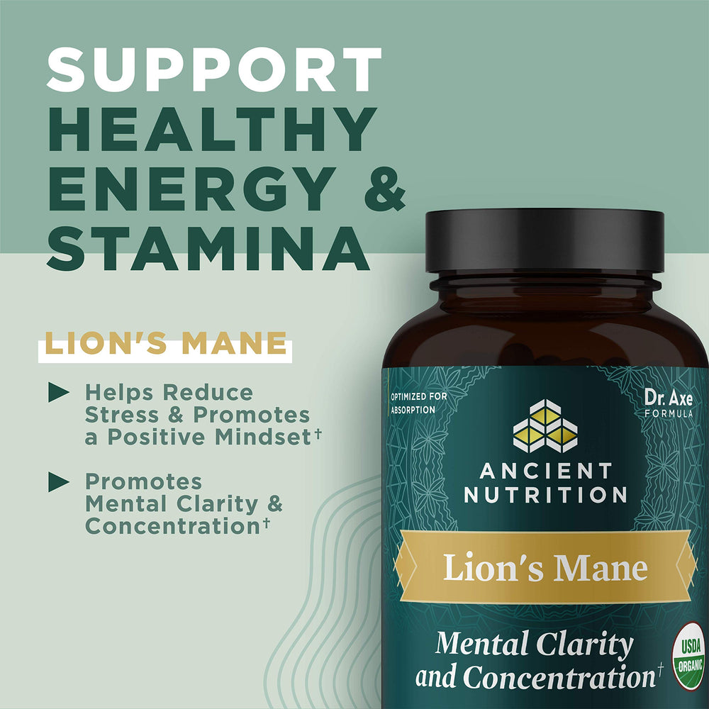 Ancient Nutrition Organic Lion's Mane bottle side view highlighting organic quality and energy support potential.