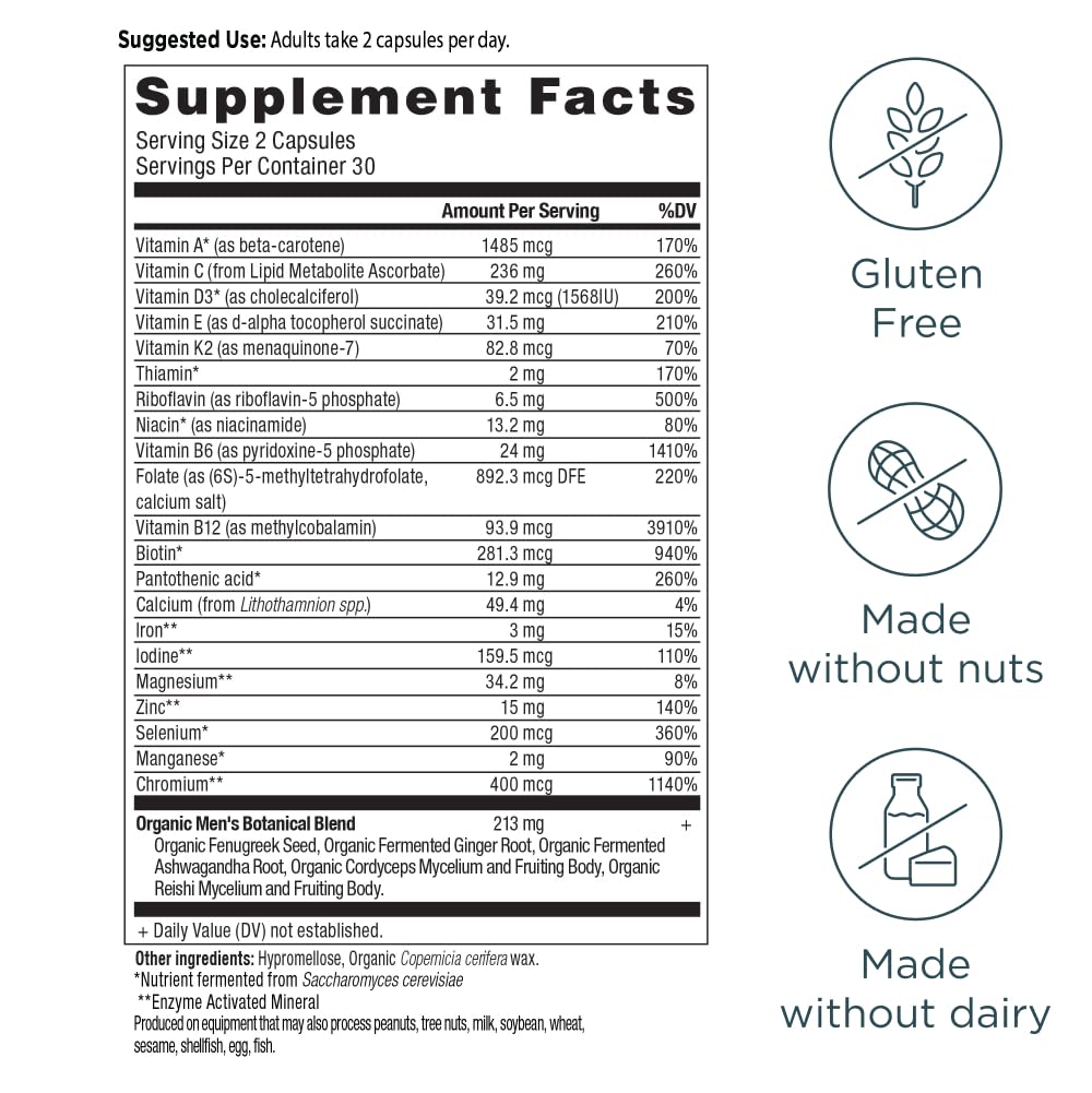 Ancient Nutrition Organic Men’s Botanical Blend bottle label highlighting fermented nutrients.