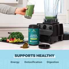 Ancient Nutrition Organic SuperGreens Energizer greens close-up highlighting 25+ greens for daily nutrition