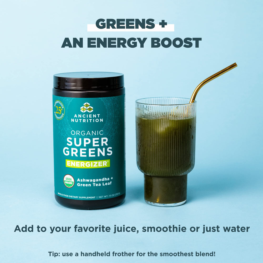 Ancient Nutrition Organic SuperGreens Energizer probiotic Bacillus coagulans label for gut-friendly support