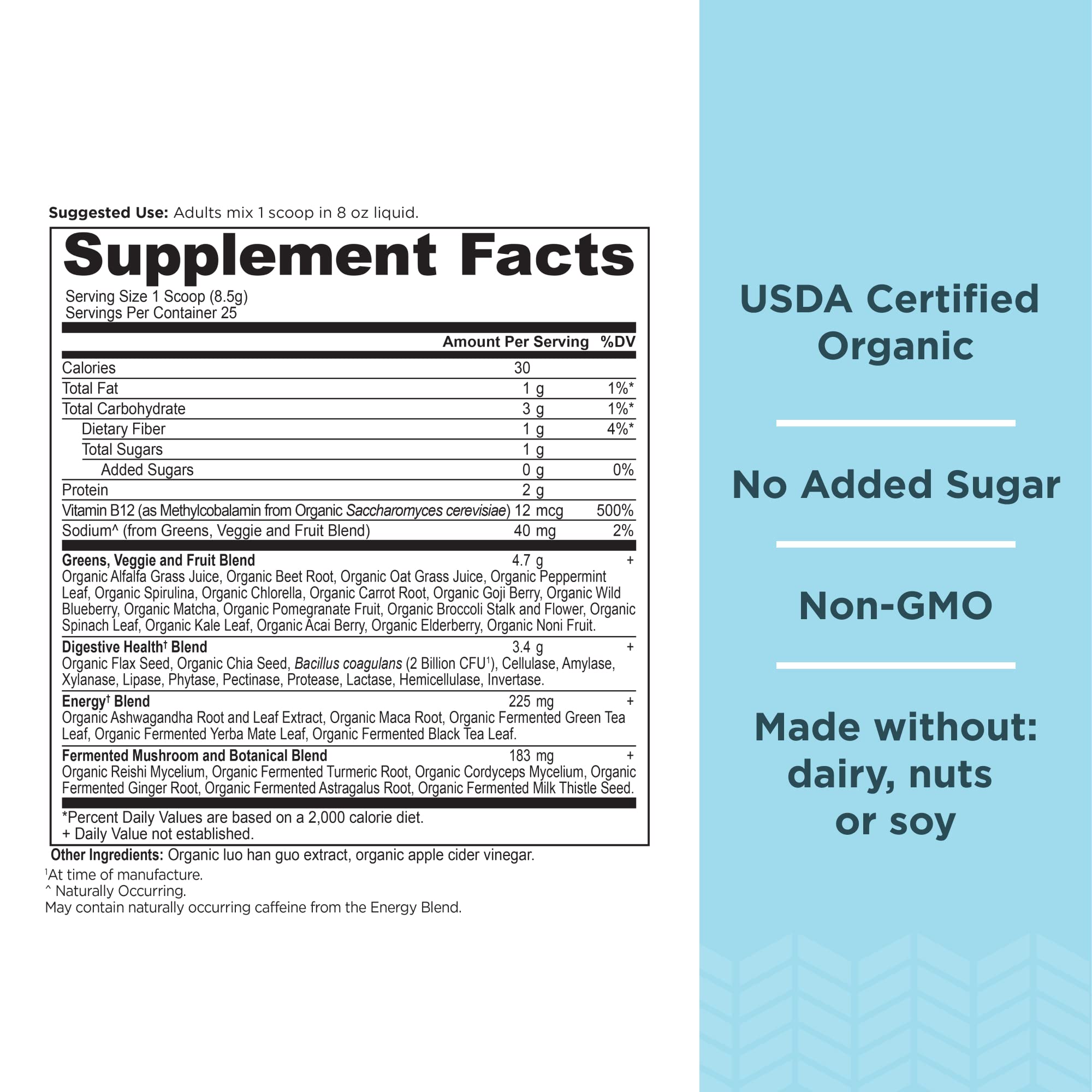 Ancient Nutrition Organic SuperGreens Energizer scoop demonstrating easy daily greens for smoothies