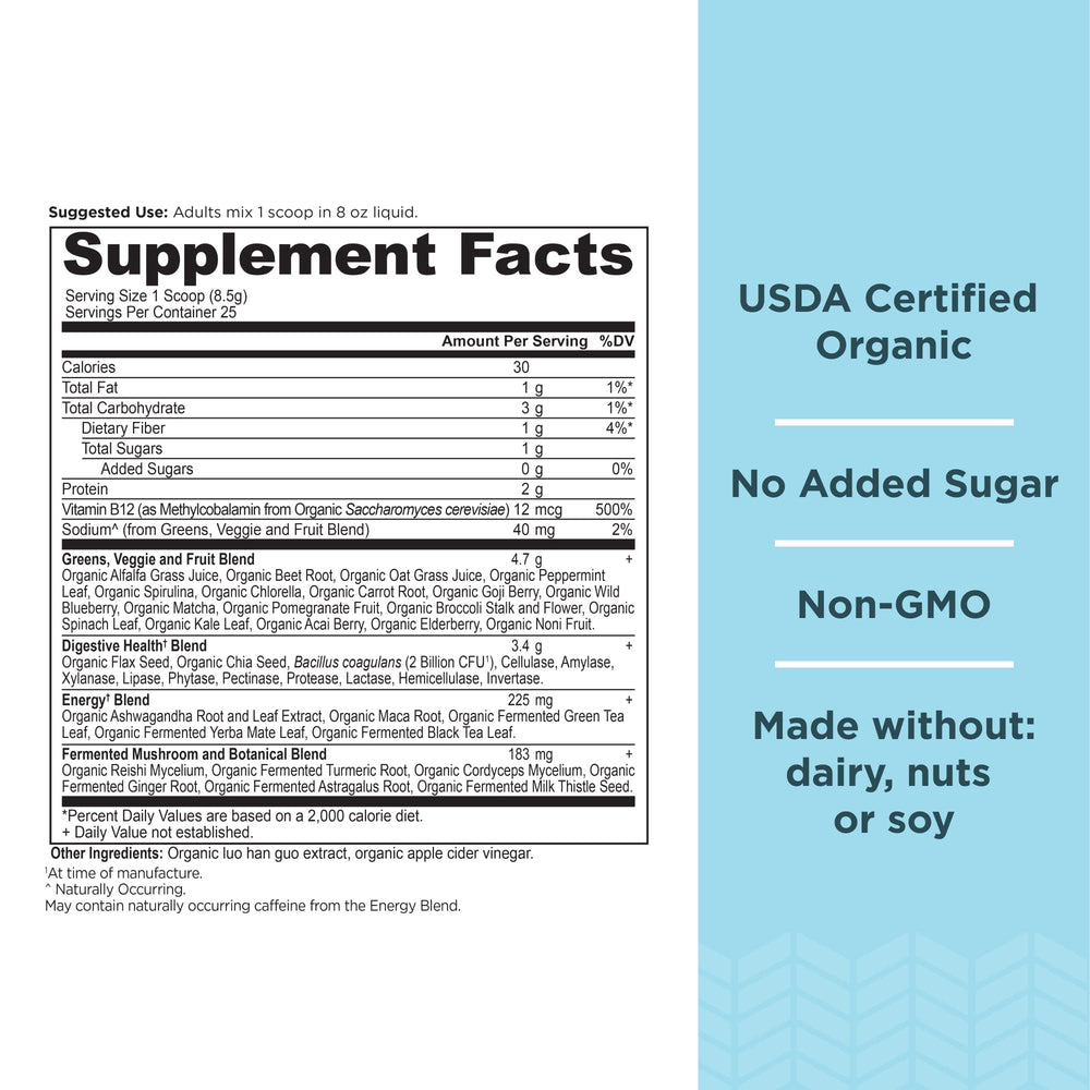Ancient Nutrition Organic SuperGreens Energizer scoop demonstrating easy daily greens for smoothies