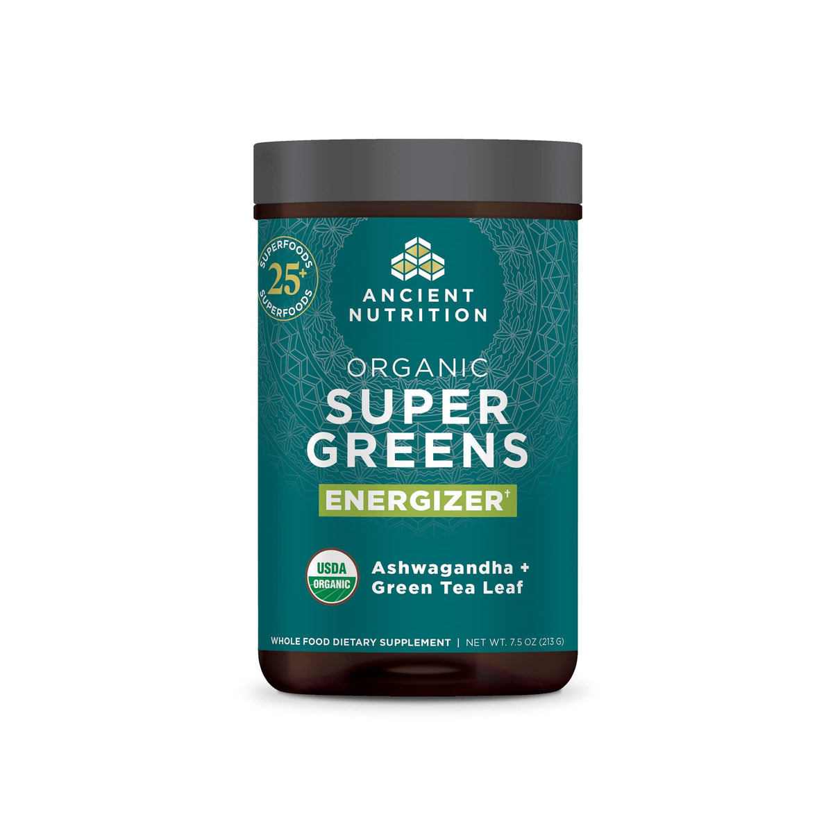 Ancient Nutrition Organic SuperGreens Energizer tub showing premium greens for daily vitality