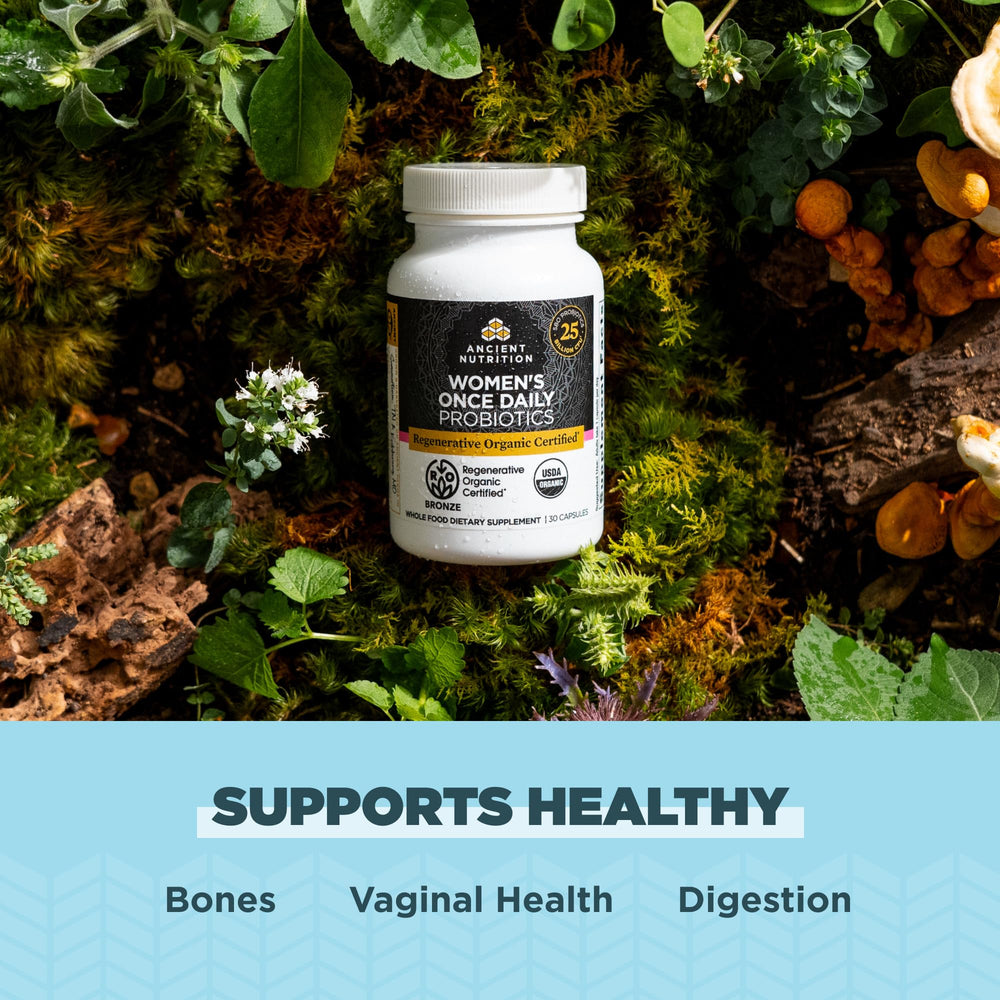 Probiotic capsule close-up shows a 30-strain blend for gut health.