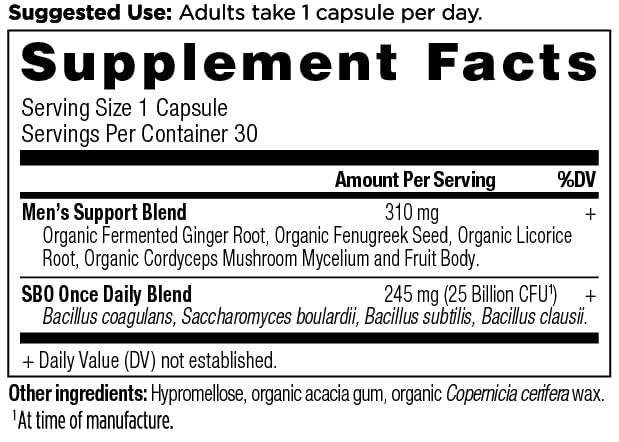 Ancient Nutrition Probiotics for Men bottle label highlights 25 billion CFU shelf stable.