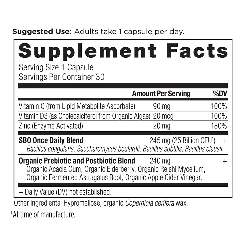 Ancient Nutrition Probiotics bottle back label with ingredients and dosing information for immune-friendly routines.
